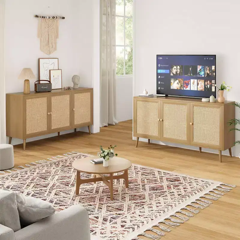 Wood Rattan 3-Door Kitchen Storage Cabinet 59