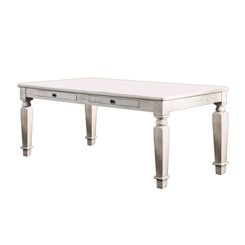 Distressed White Solid Wood Dining Table with 2 Drawers and Tapered Legs for 4–6 Person
