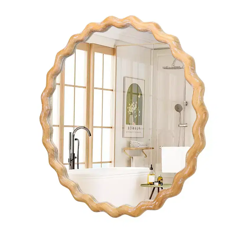 MAYEERTY 27.5 Wooden Round Wavy Wall Mirror Whitewash Edge Decorative Mirror for Bathroom Vanity Bedroom Living Room