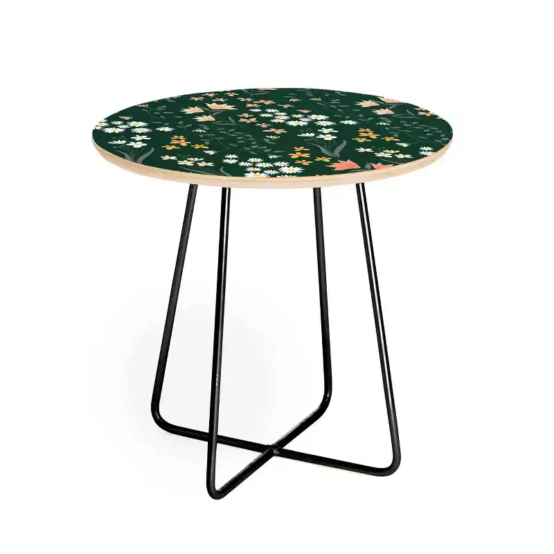 Round Meadow Flowers Printed Side Table - Baltic Birch Top, Steel Legs, 19