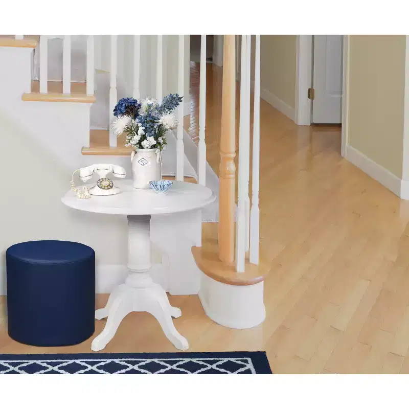 Round Plush Ottoman Navy Blue Vinyl