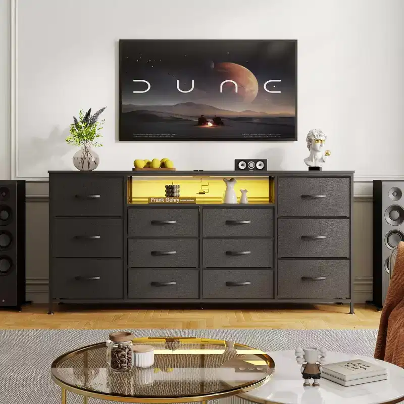 63in TV Stand with 12 Drawers, Power Outlets, LED & Open Shelves, Entertainment Center for 75in TV, Dresser Chest for Bedroom, Living Room