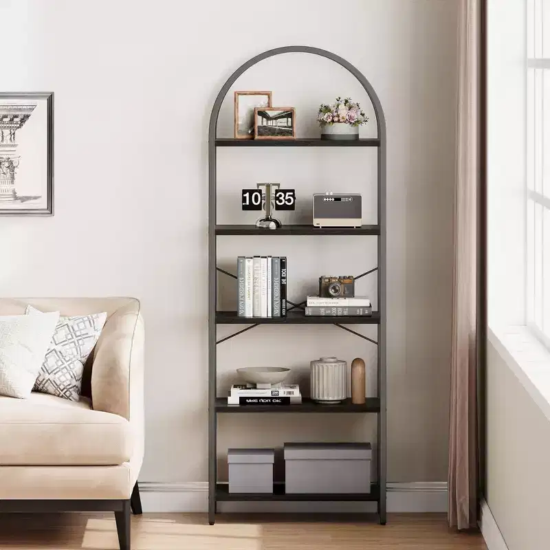 Bookshelf 5 Tier Bookcase Arched Display Racks Tall Standing Bookshelves Metal Frame Modern Storage Rack Shelf Large Wood Book Shelf