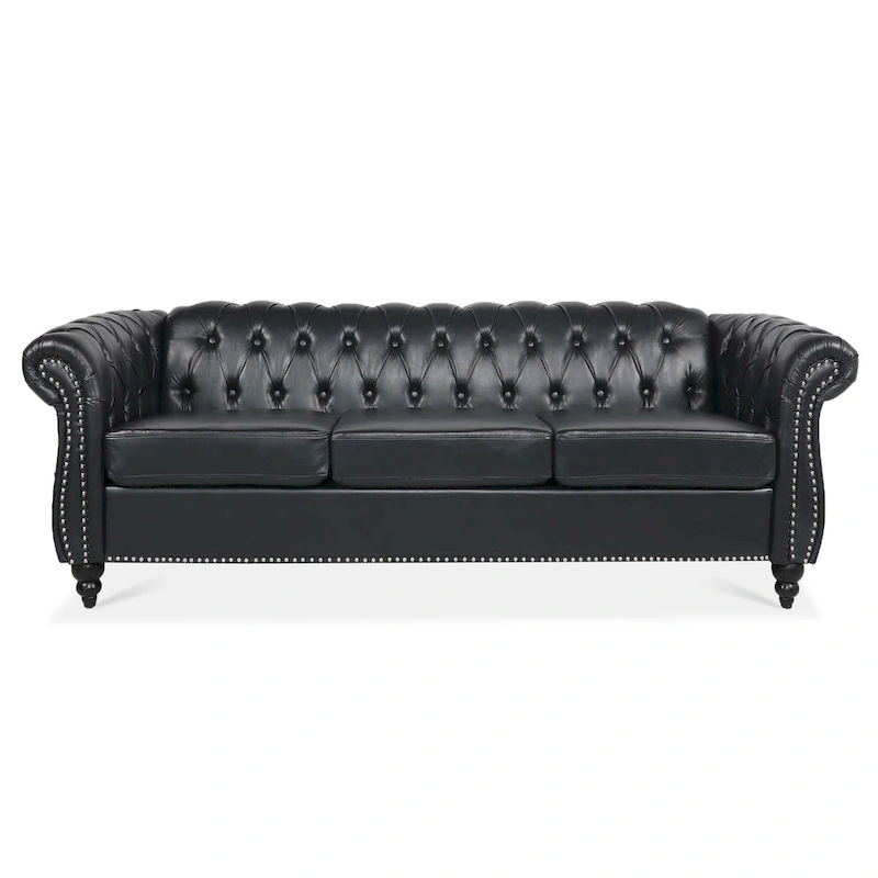 Classically Elegant 84.65 Three-Seater Rolled Arm Chesterfield Sofa in PU Leather - Sturdy Birch Legs, Soft Upholstery