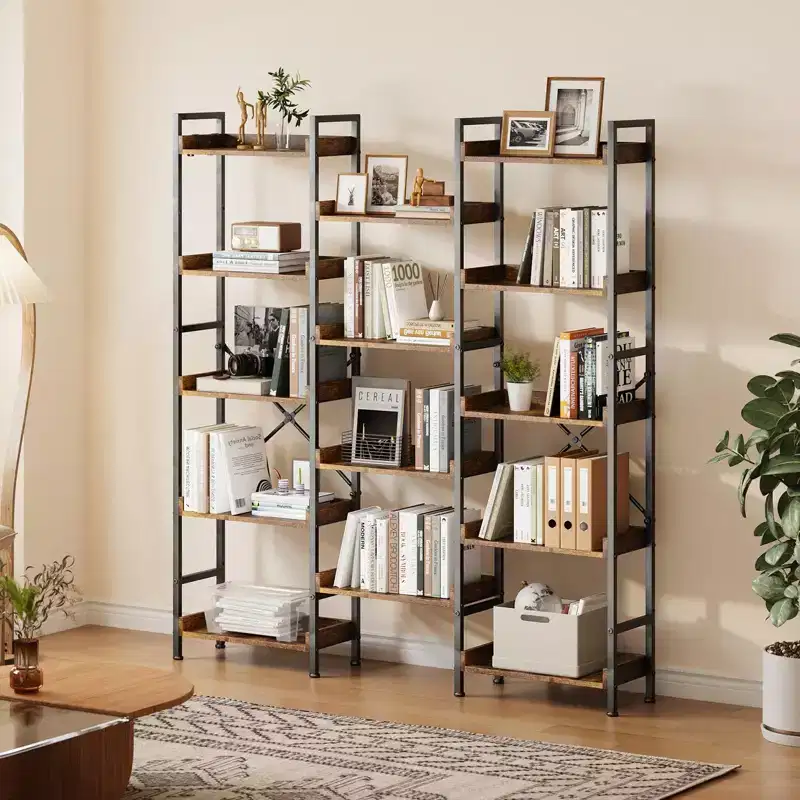 GustoWave Triple 5-Tier Bookshelf, 14-Shelf Industrial Bookcase with Divisible Design, 55lb per Shelf, for Home Office, Brown