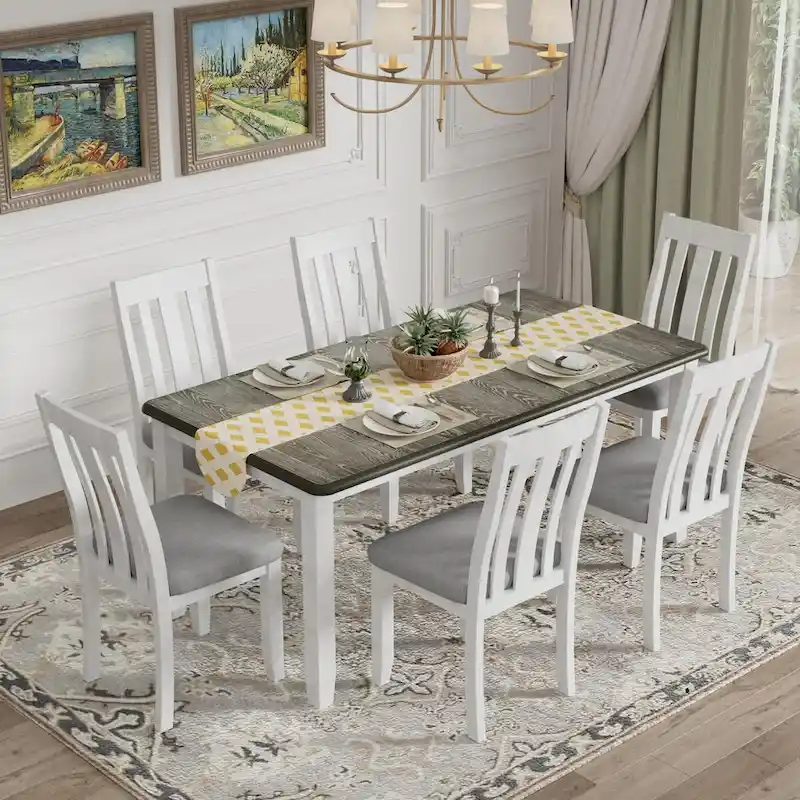 Nestfair Retro Style 7-Piece Dining Table Set with Extendable Table and 6 Upholstered Chairs