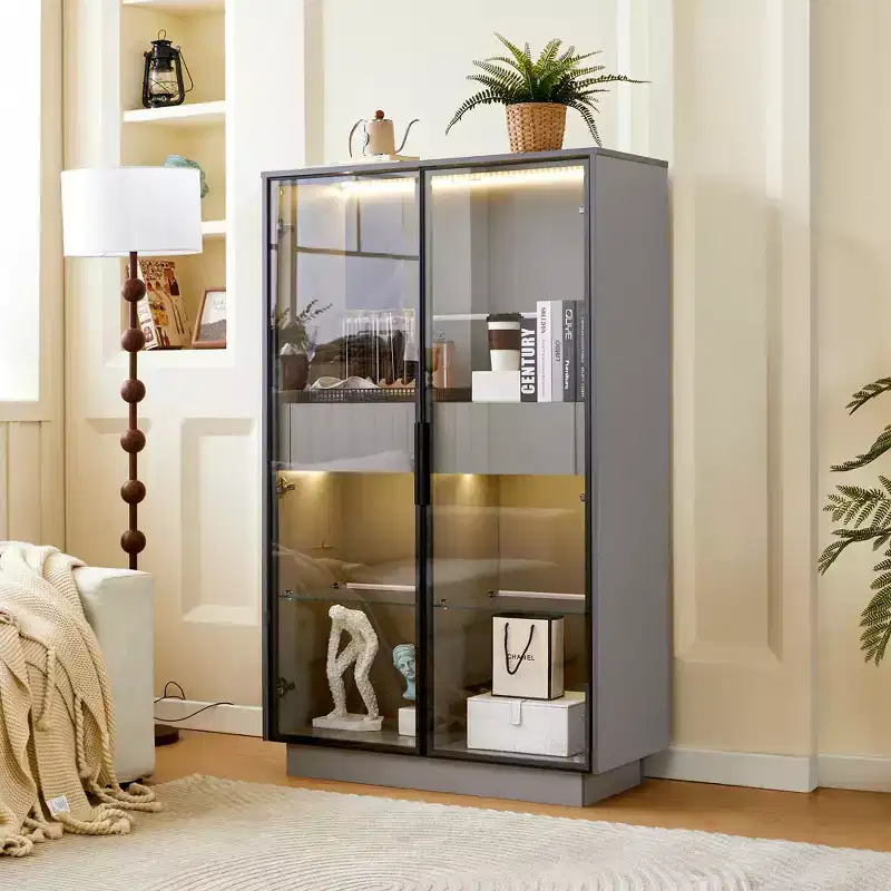 Lighted Display Cabinet LED Curio Cabinet Storage Cabinet with Tempered Glass Door, 2 Drawers, Adjustable Shelves, Modern Minimalist, Gray-ModernLuxe