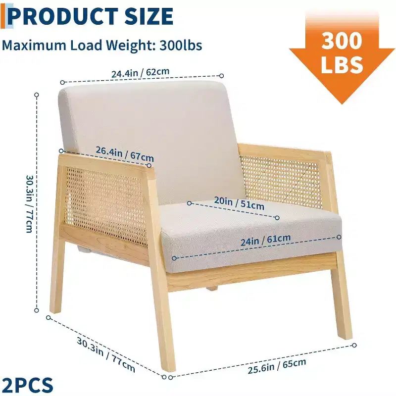 2PCS Mid Century Modern Accent Chair, Comfy Chairs with Sturdy Wood Legs, Rattan Backrest & Beige Thick Linen Cushion,for Bedroom Balcony