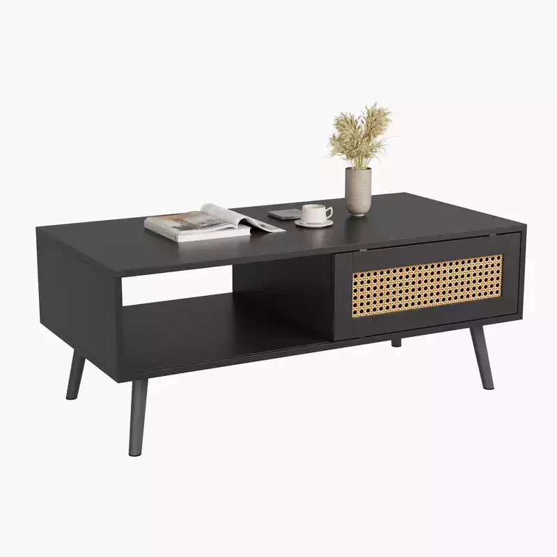 Modern Coffee Table with Storage, Rattan Rectangle Center Table with Sliding Door, Wooden Accent Cocktail Table for Living Room Bedroom Office