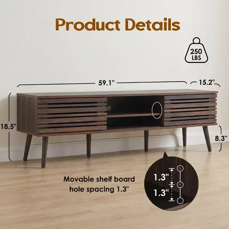 JVNOXK Mid Century Modern Fluted Wood TV Stand for 70 TVs with Storage & Cable Management