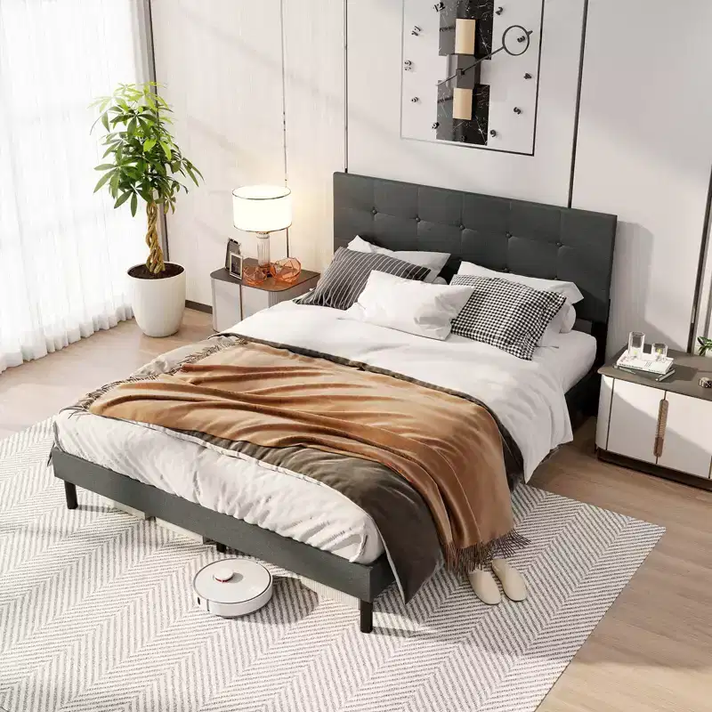 Queen Size Linen Upholstered Platform Bed Frame with Tufted Headboard