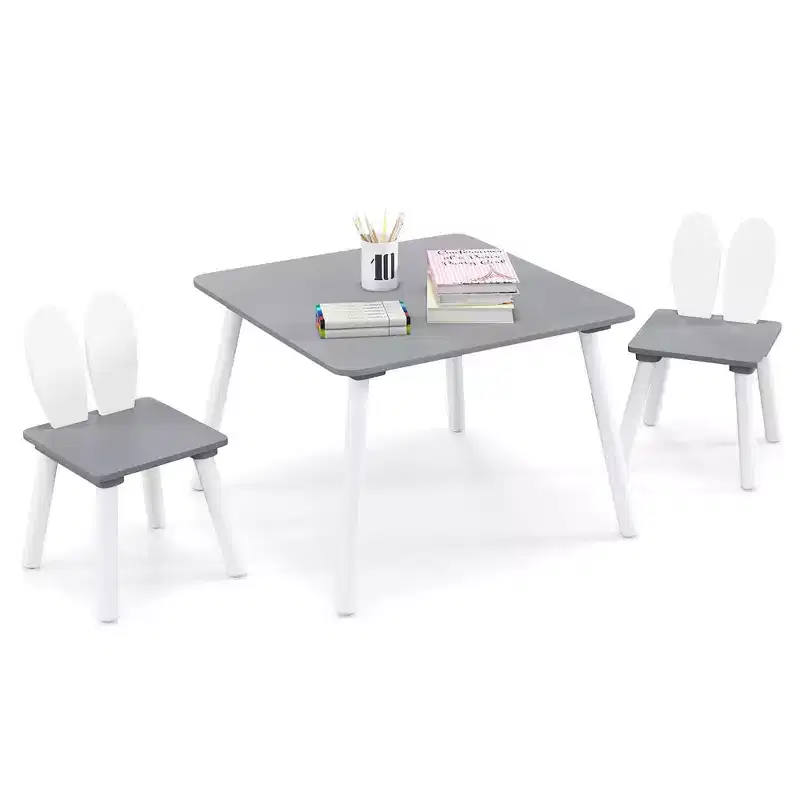 Costway 3 Pieces Kids Table & Chairs Set Children Wooden Furniture Set w/ Solid Wood Legs Gray