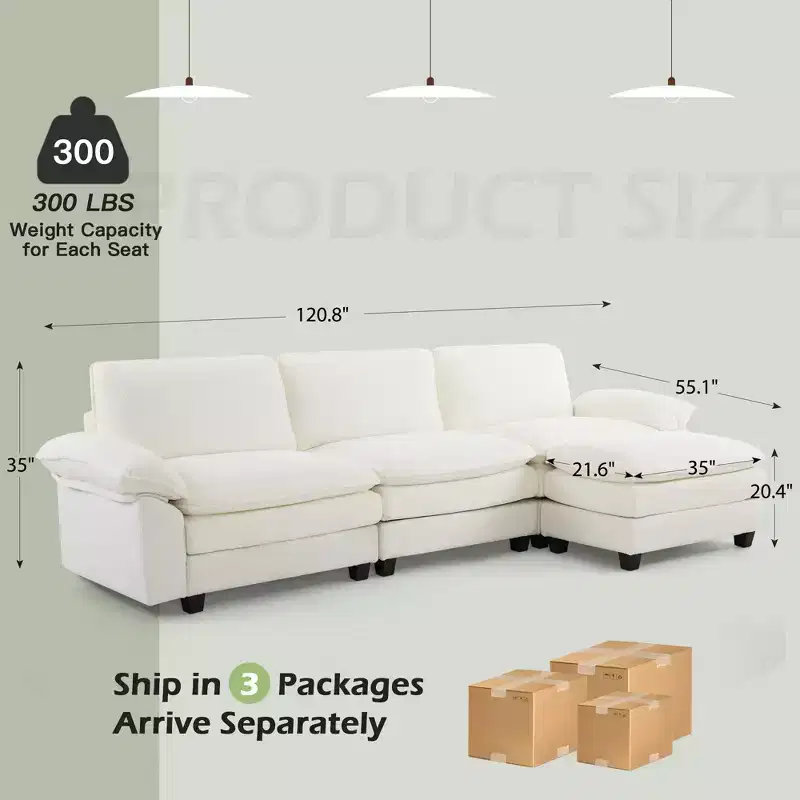 EROMMY 120.8'' Sectional Sofa Couch, Convertible L-Shaped Couch, Upholstered Sofas & Couches with Movable Ottoman for Living Room and Office, Beige