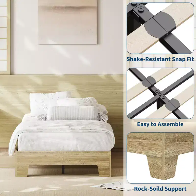 Platform Bed Frame, 4 Wood & 8 Metal Slats, No Headboard, 10