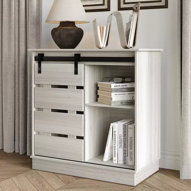 Farmhouse Sliding Barn Door Sideboard Cabinet with 4 Shelves