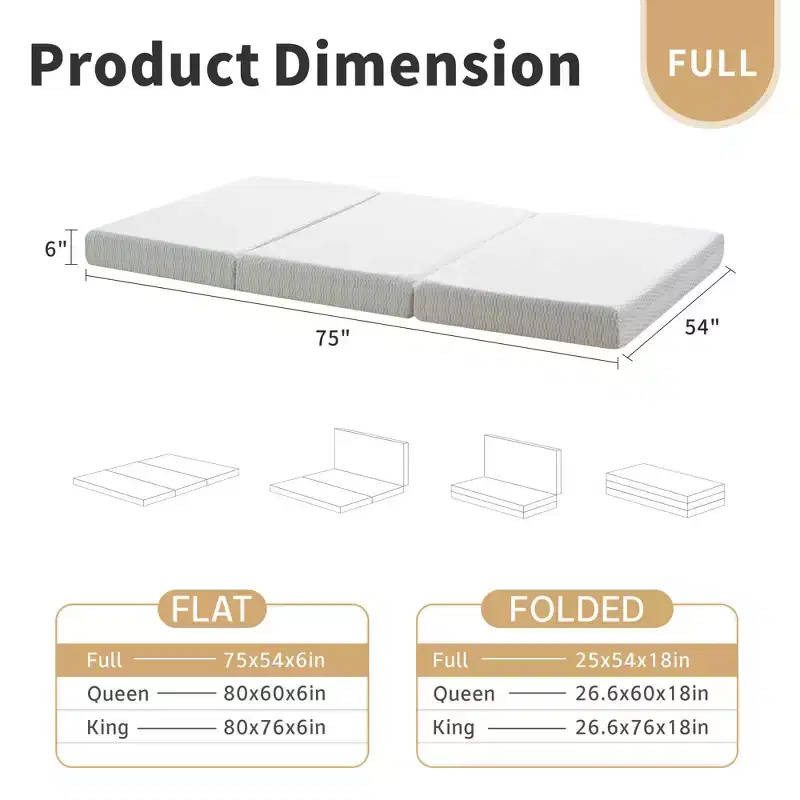 Tri Folding Mattress 6 Inch Memory Foam Trifold Mattress Foldable Washable Cover & Non-Slip Bottom & Storage Bag for Space-Saving Guest Bed, Pet