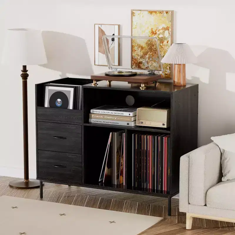 VIYET 35 Eco-Friendly Record Player Stand with Flip-Top, Black MDF+Metal Media Console w/ 2-Outlet Power Strip & Dustproof Storage