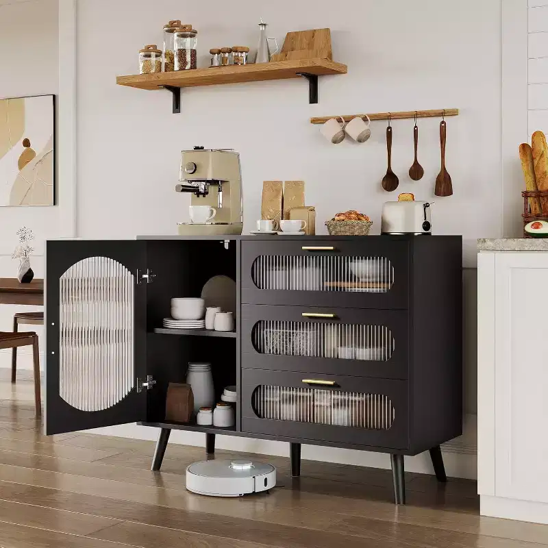 Sideboard with storage, sideboard with recessed glass doors and drawers, black sideboard for kitchen, dining room, living room