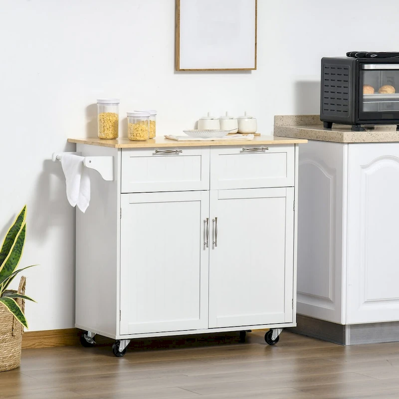 41 Modern Rolling Kitchen Island on Wheels with Rubberwood Top