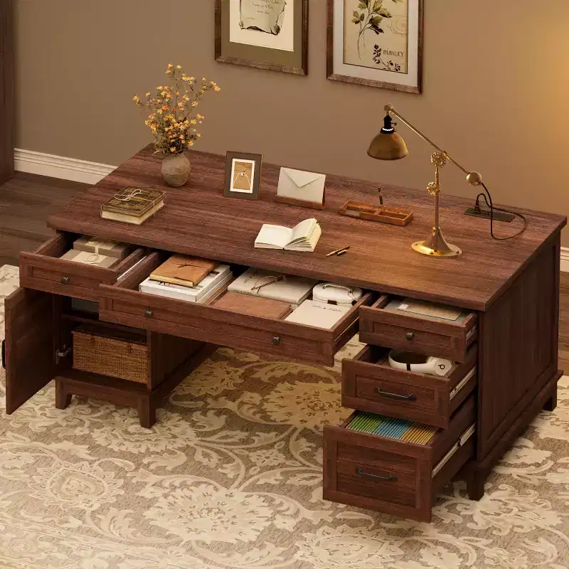 Executive Desk with File Drawers, Farmhouse Home Office Desk with Charging Station, 60 Wooden Computer Desk with Cabinet Storage for Work Study