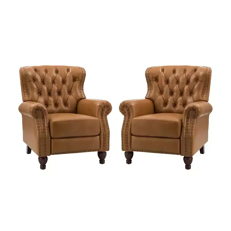 Set of 2 Justine Transitiona Wooden Upholstery Genuine Leather Recliner with Nailhead Trim for Living Room and Bedroom| ART OF LIVING DESIGNS