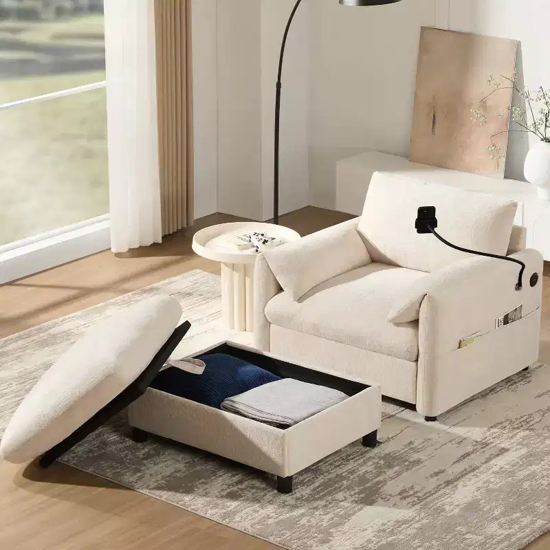 Multifunctional Chenille Single Sofa with Storage Ottoman and Cushioned Armrest Pillows
