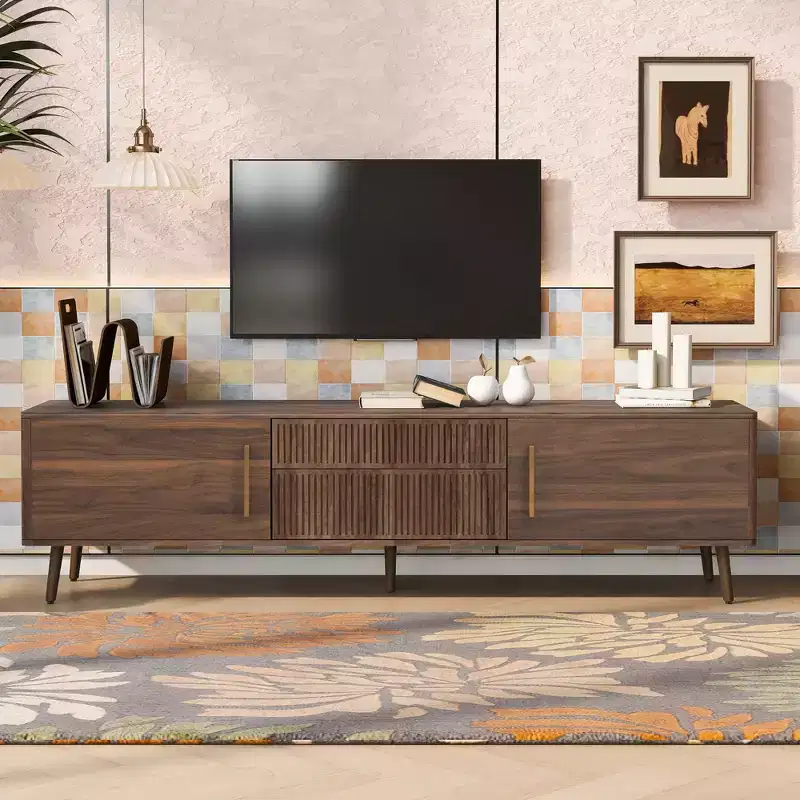 Clihome Mid Century TV Stand with 2 Drawers, Media Console Table for TVs up to 80'', Entertainment Center with Storage for Living Room