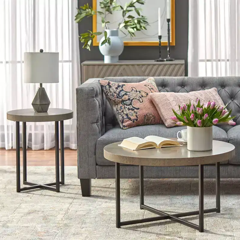 Buylateral 2pc Era Round End Coffee Table Gray: Minimalist, Industrial Style Living Room Set