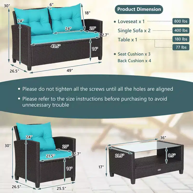Costway 8 PCS Patio Rattan Furniture Set Glass Table Shelf Sofa Cushion Black/Red/Turquoise/Navy/Gray