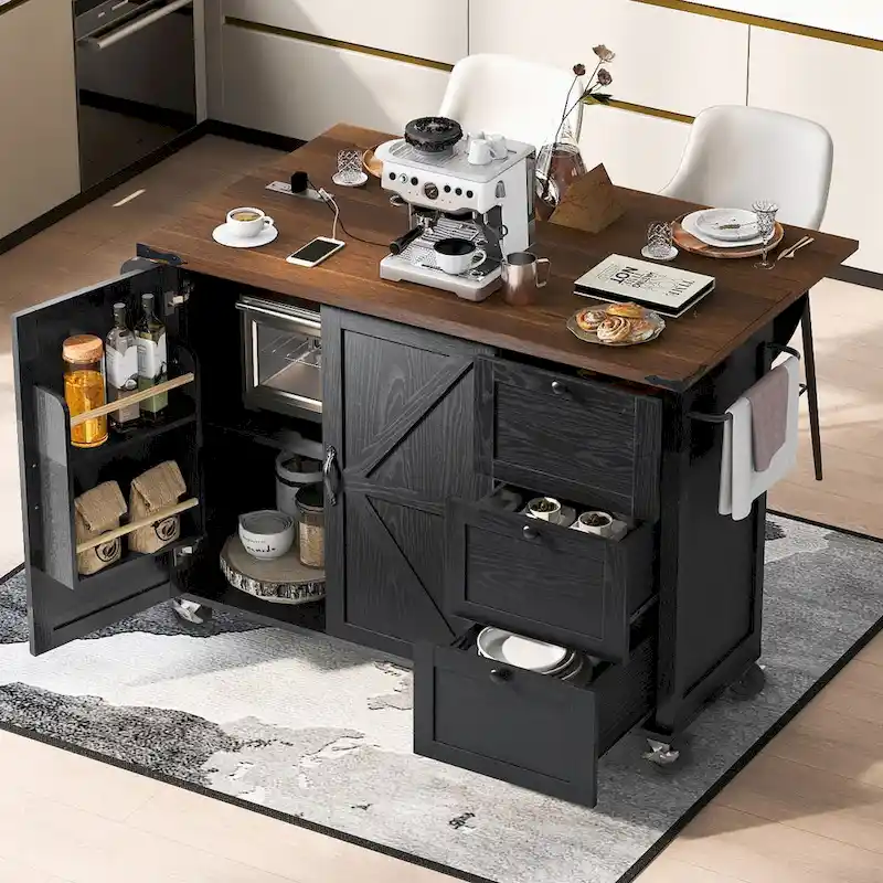 54.5  Farmhouse Kitchen Island with Power Outlet, Internal Storage Rack, Drop-Leaf Tabletop, Spice Rack, Rolling Cart On Wheels