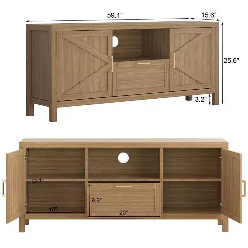 Farmhouse TV Stand for 65'' TV, 59 Inch Entertainment Center with Storage, Modern Large Wooden Media Console with 2 Door Cabinets, Adjustable Shelves