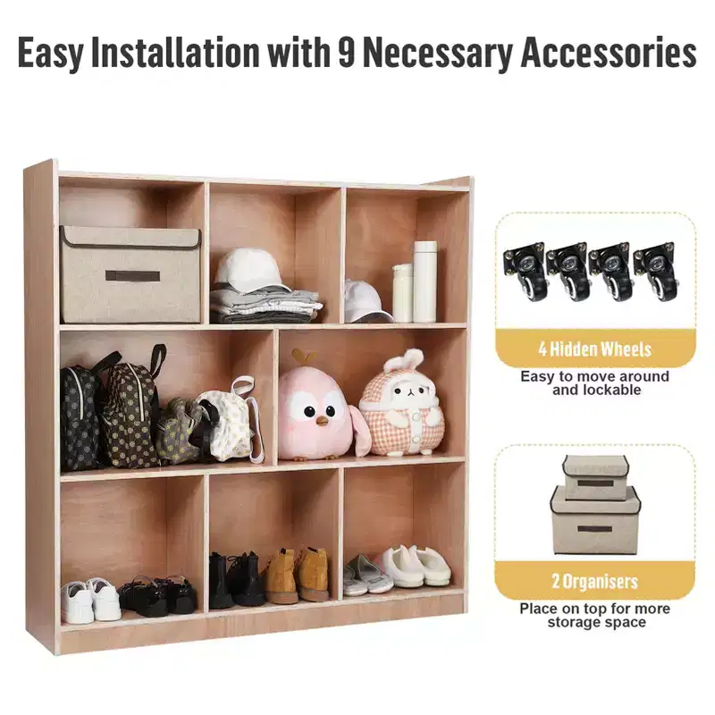 8-Compartment Mobile Storage Cubby Cabinet with 2 Storage Boxes, Toy Shelves for Classrooms, Daycare, Home, Kindergarten