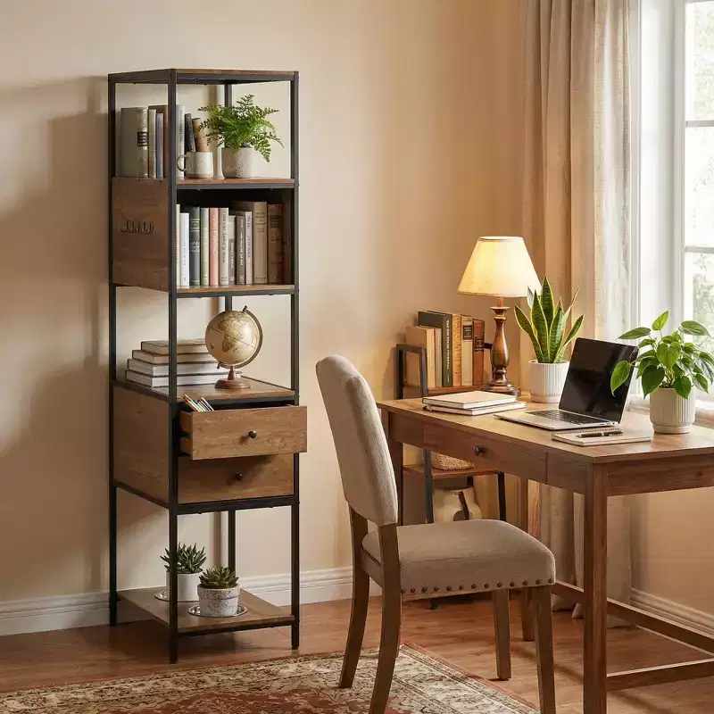 FurnitureR Storage Shelf with Drawers, Multi-Tier Bookshelf Organizer with Hooks & Pet Feeding Station,Storage Cabinet for Living Room,Closet,Entryway