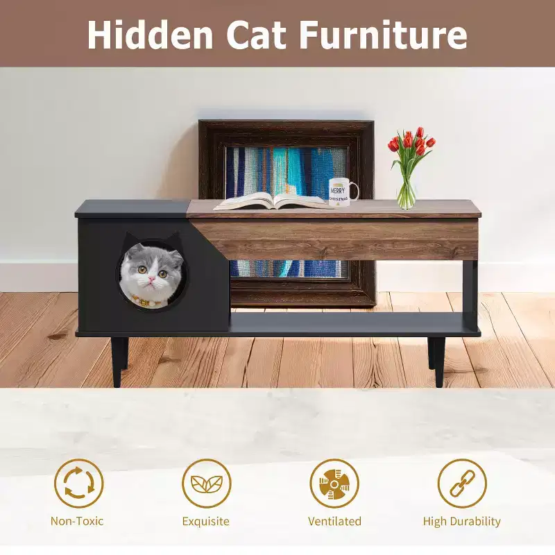 Cat House Coffee Table with Storage, 2-in-1 Modern Farmhouse Center Table & Cat Furniture Condo for Living Room
