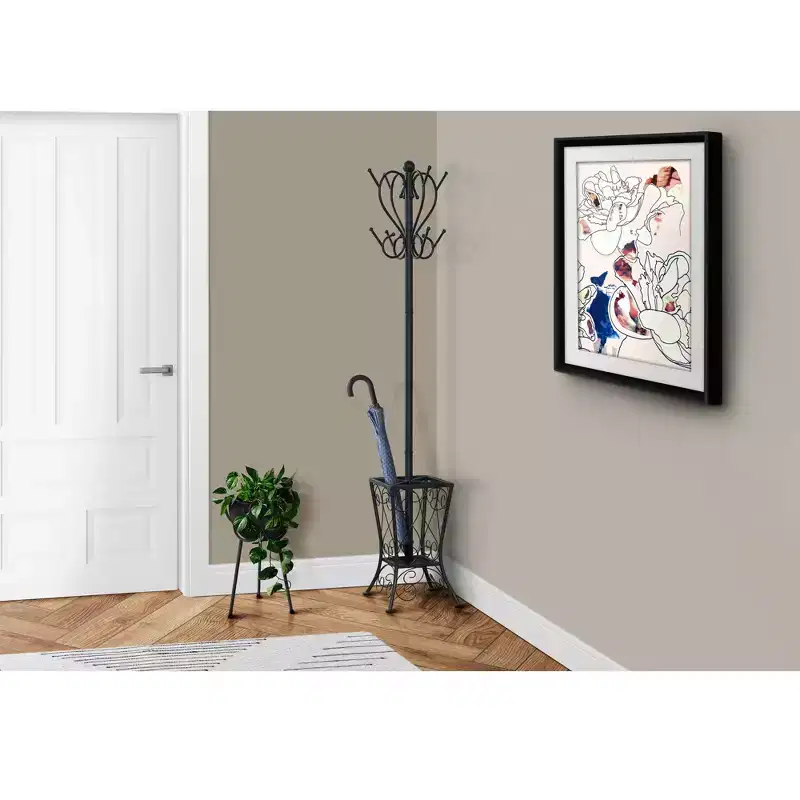 Metal Coat Rack 8 Hooks 2-Tier with Umbrella Holder 71''H