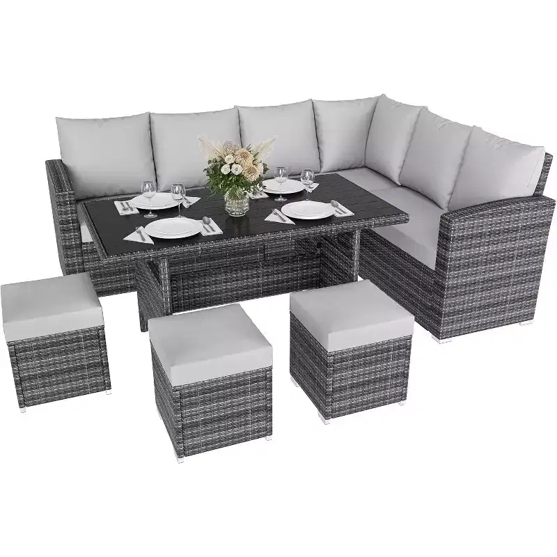 9-Seat PE Rattan Patio Sectional Sofa Set with Storage Table Water-Repellent Cushions Gray for Backyard Deck Poolside