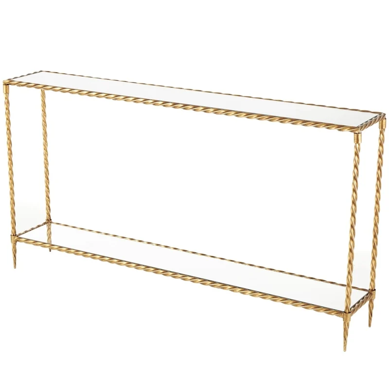 Metal Twisted Rope Inspired 1 Shelf Console Table with Mirrored Glass Top and Shelf - Gold - Roche River Decor