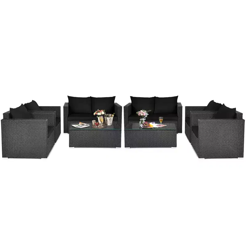 Costway 8PCS Patio Rattan Furniture Set Cushioned Sofa Chair Coffee Table Turquoise\Red\Black