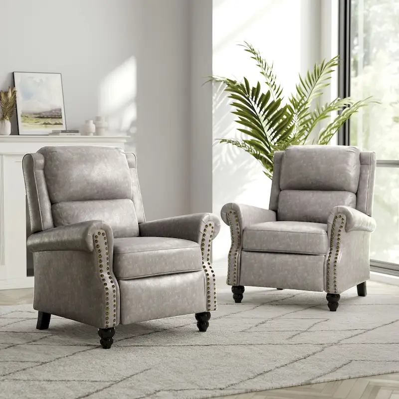 2 Set Nail-head Padded Seat Pushback Recliner Chair