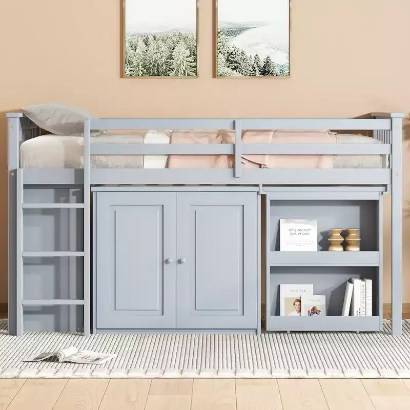Twin Size Loft Bed with Storage Cabinet and Drawer for Teens, Wooden Loft Bed with Pulling-Out Desk, Guardrails and Ladder