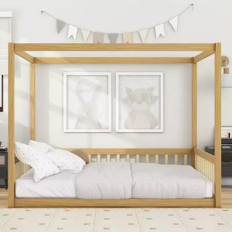 Clihome Full Size Canopy Frame Rubber Wood Floor Bed with Fence,Guardrails