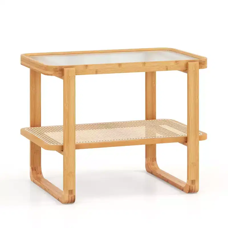Costway Bamboo Side Table with Rattan Shelf Glass Top Nightstand Small Sofa End Table