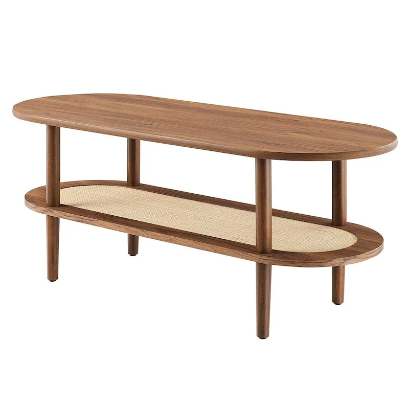 Modern Walnut Oval Coffee Table with Lower Storage Shelf and Wood Legs