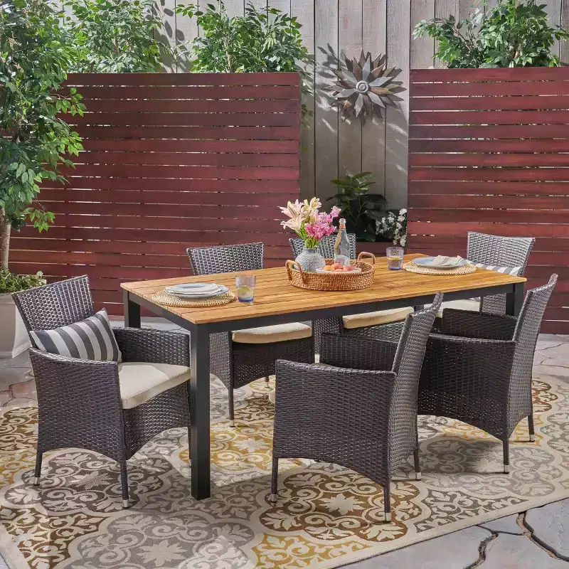 Christopher Knight Home Dane Outdoor Wicker and Acacia Wood 7 Piece Dining Set with Cushion, Teak/Multibrown