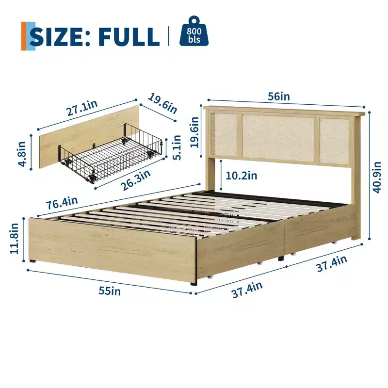 Platform Bed Frame with Rattan Headboard and 4 Storage Drawers