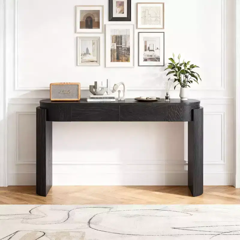 Luxystar Console Table with Natural Wood Grain Finish, Oval Top and 2 Drawers for Entryway and Living Room, Black