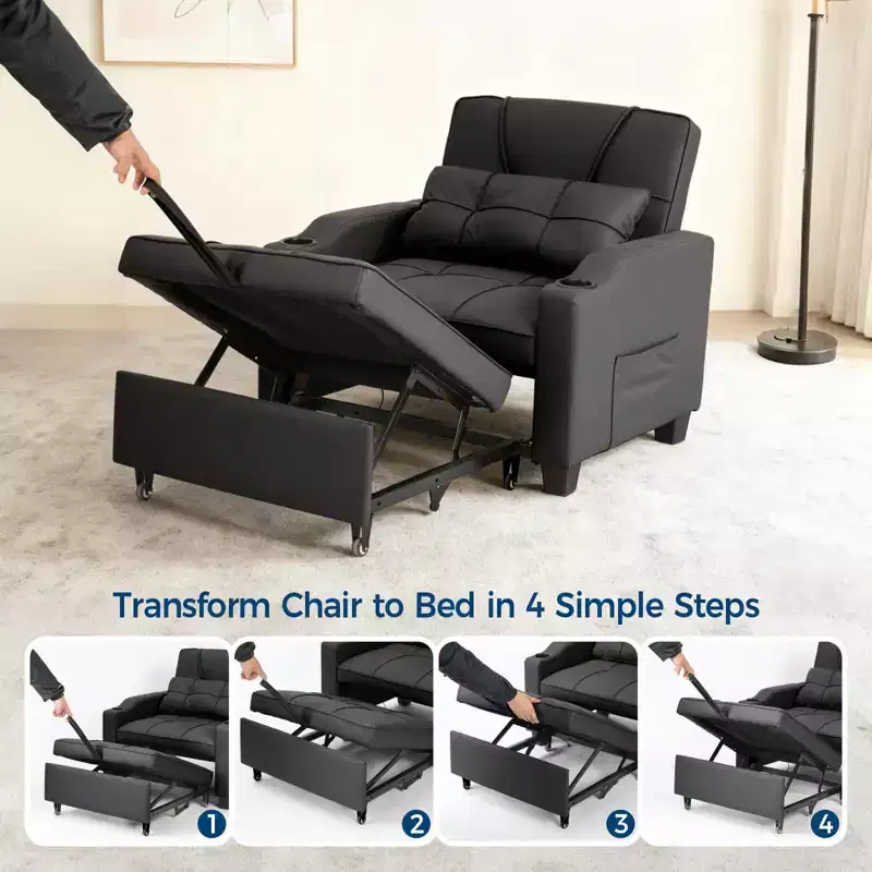 Convertible Reclining Sofa Bed with Vibration Massage Lumbar Pillow, Multi-Function PU Leather Sofa Chair, Chaise Lounge