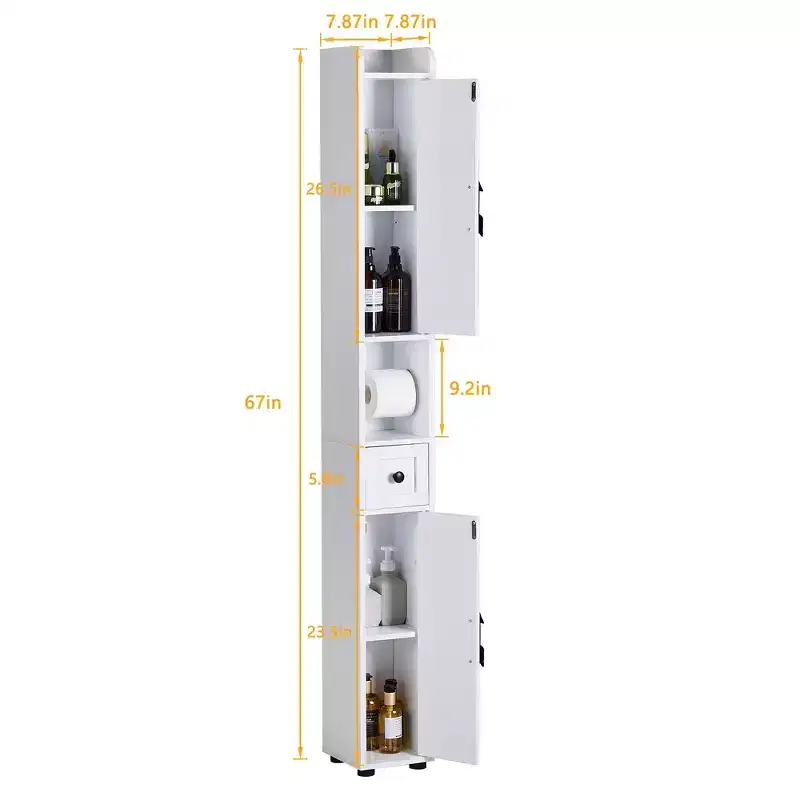 Tall Bathroom Cabinet Slim Narrow Storage Cabinet Linen Tower with 2 Doors and 1 Drawer Floor Cabinet with Adjustable Shelves, White