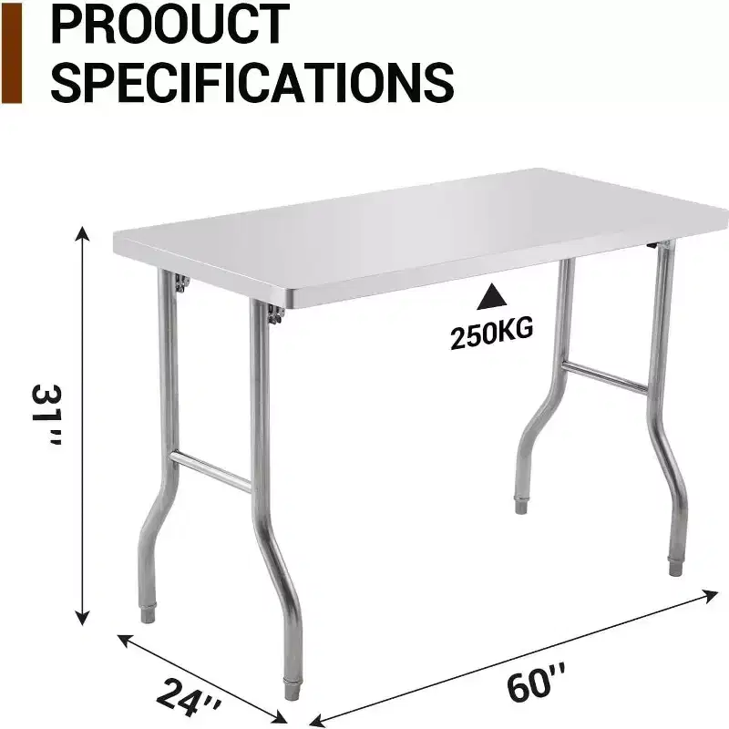 60 Commercial Worktable Workstation, Stainless Steel Folding Table with Metal Adjusting Foot