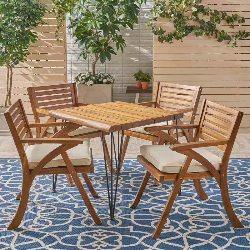Christopher Knight Home Blaine Outdoor Acacia Wood and Iron 5 Piece Dining Set with Cushion, Teak and Cream